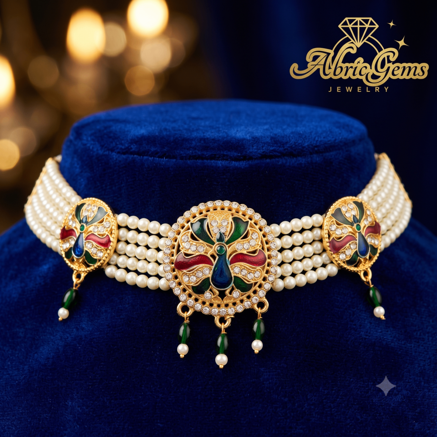 Peacock Enamel Pearl Choker