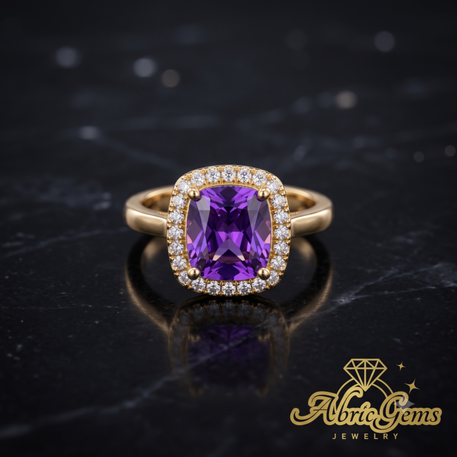Gold Amethyst Cushion Halo Ring