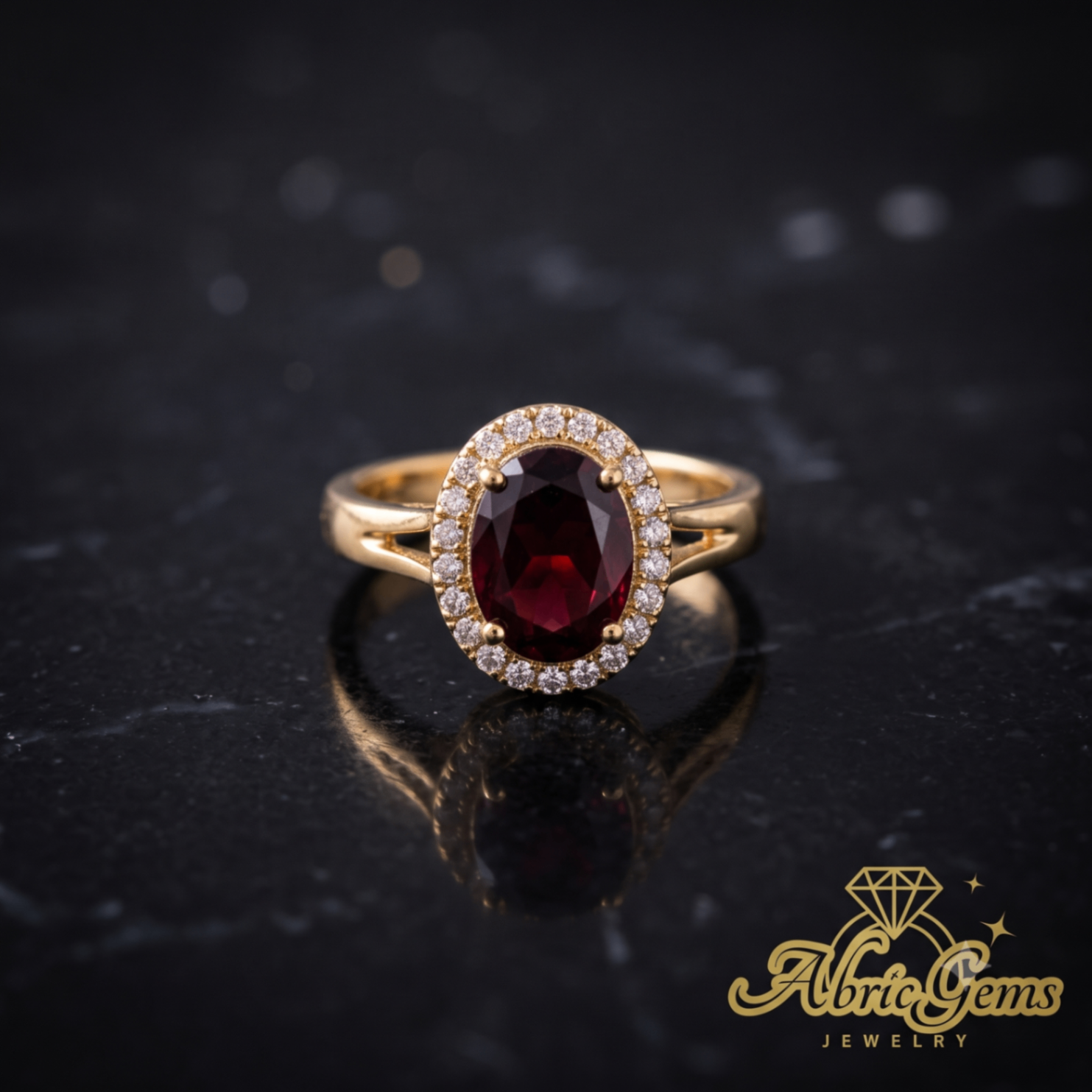 Gold Ruby Oval Halo Ring